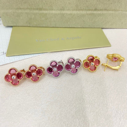 [⭐Hevara Jewelry]2026 NEW  CLOVER 1 MOTIFPINK ENAMEL STUD EARRINGS WITH DIAMONDS2