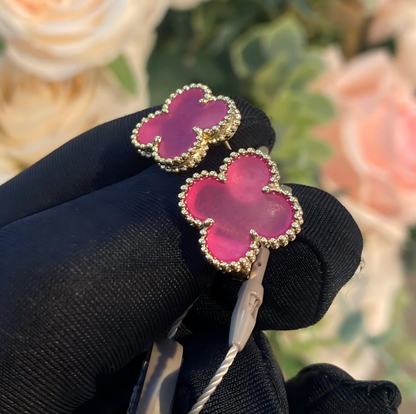 [⭐Hevara Jewelry]NEW CLOVER 15MM PINK ENAMEL STUD EARRINGS