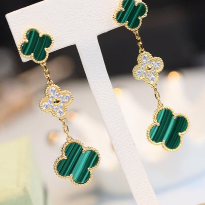 [⭐Hevara Jewelry]CLOVER EARRINGS GOLD MALACHITE DIAMOND 3 MOTIF