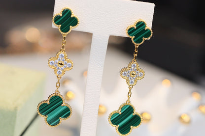[⭐Hevara Jewelry]CLOVER EARRINGS GOLD MALACHITE DIAMOND 3 MOTIF