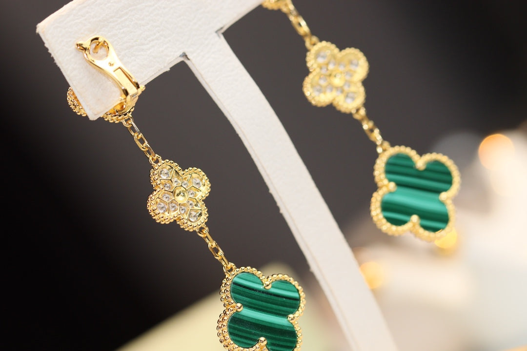 [⭐Hevara Jewelry]CLOVER EARRINGS GOLD MALACHITE DIAMOND 3 MOTIF