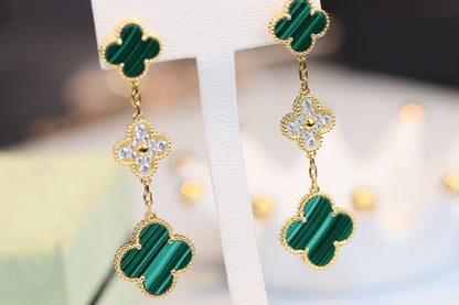 [⭐Hevara Jewelry]CLOVER EARRINGS GOLD MALACHITE DIAMOND 3 MOTIF
