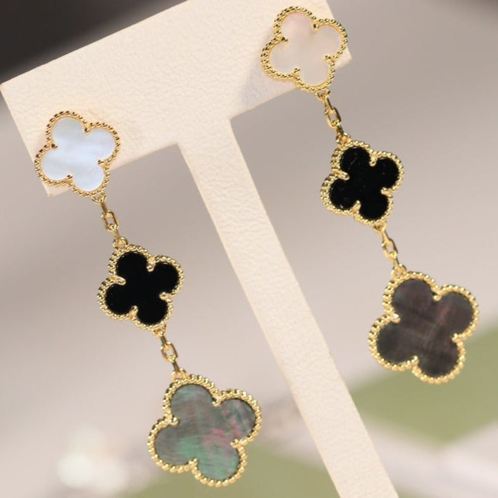 [⭐Hevara Jewelry]CLOVER EARRINGS GOLD ONYX MOP 3 MOTIF
