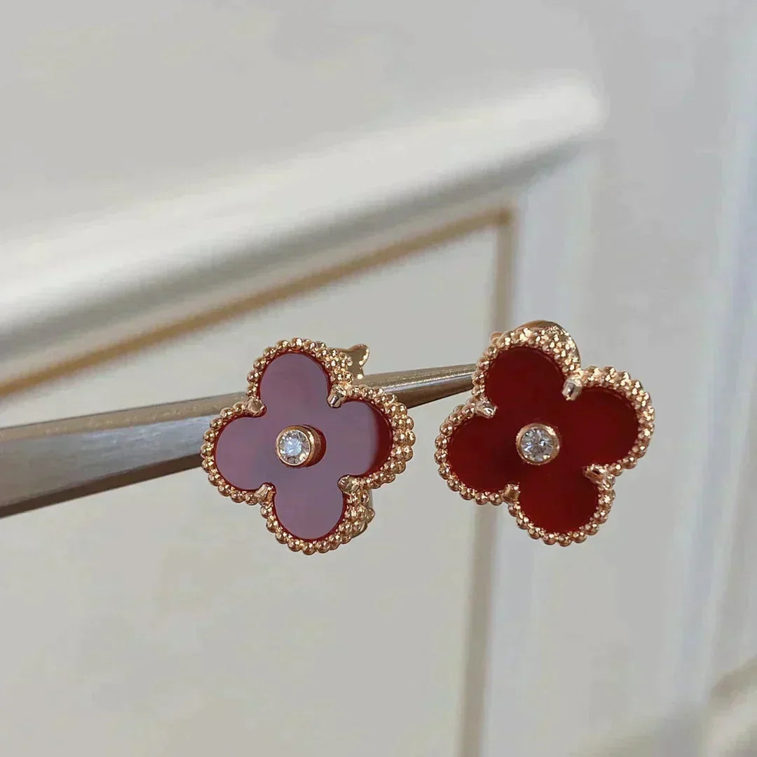 [⭐Hevara Jewelry]CLOVER MEDIUM 1 MOTIFS CARNELIAN  DIAMOND earrings