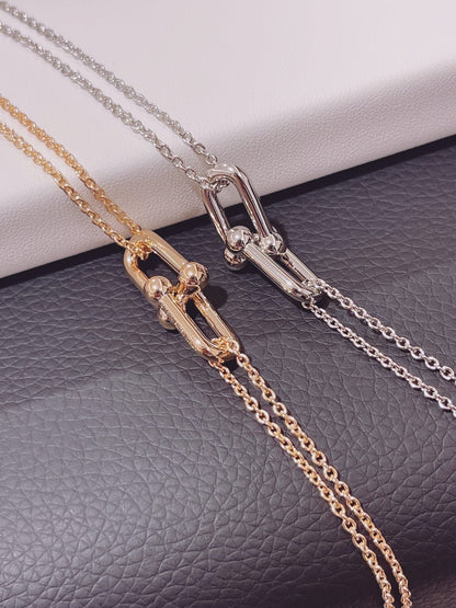 [Hevara Jewelry]HARDWEAR DOUBLE LINK PEDANT PINK GOLD NECKLACE