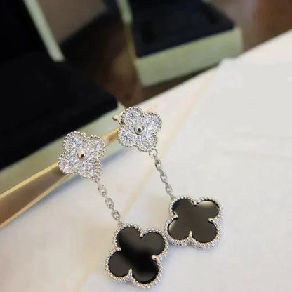 [⭐Hevara Jewelry]CLOVER 2 MOTIFS  DIAMOND ONYX EARRINGS SILVER