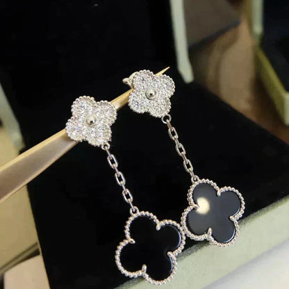 [⭐Hevara Jewelry]CLOVER 2 MOTIFS  DIAMOND ONYX EARRINGS SILVER