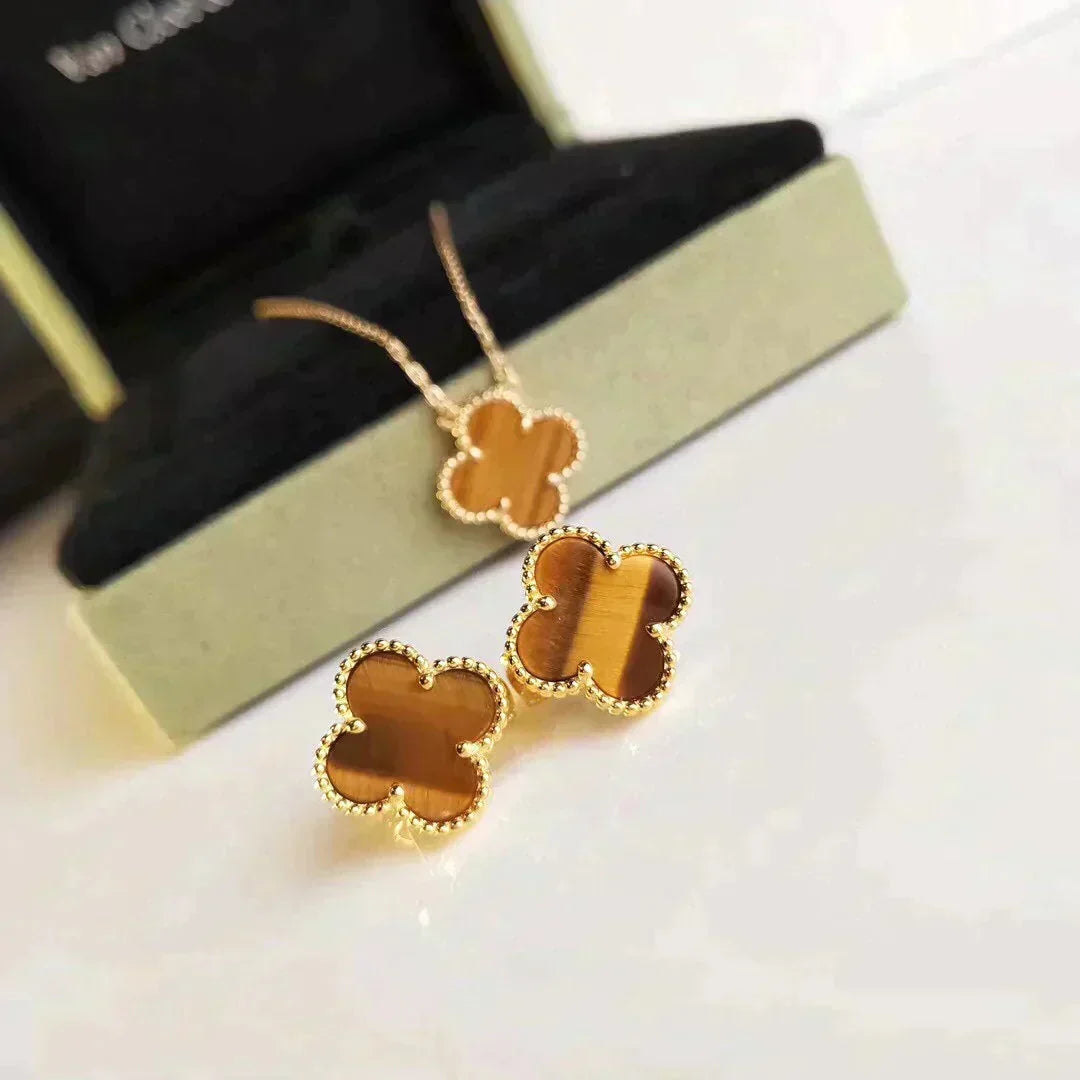 [⭐Hevara Jewelry]CLOVER MEDIUM 1 MOTIFS TIGER EYE EARRINGS