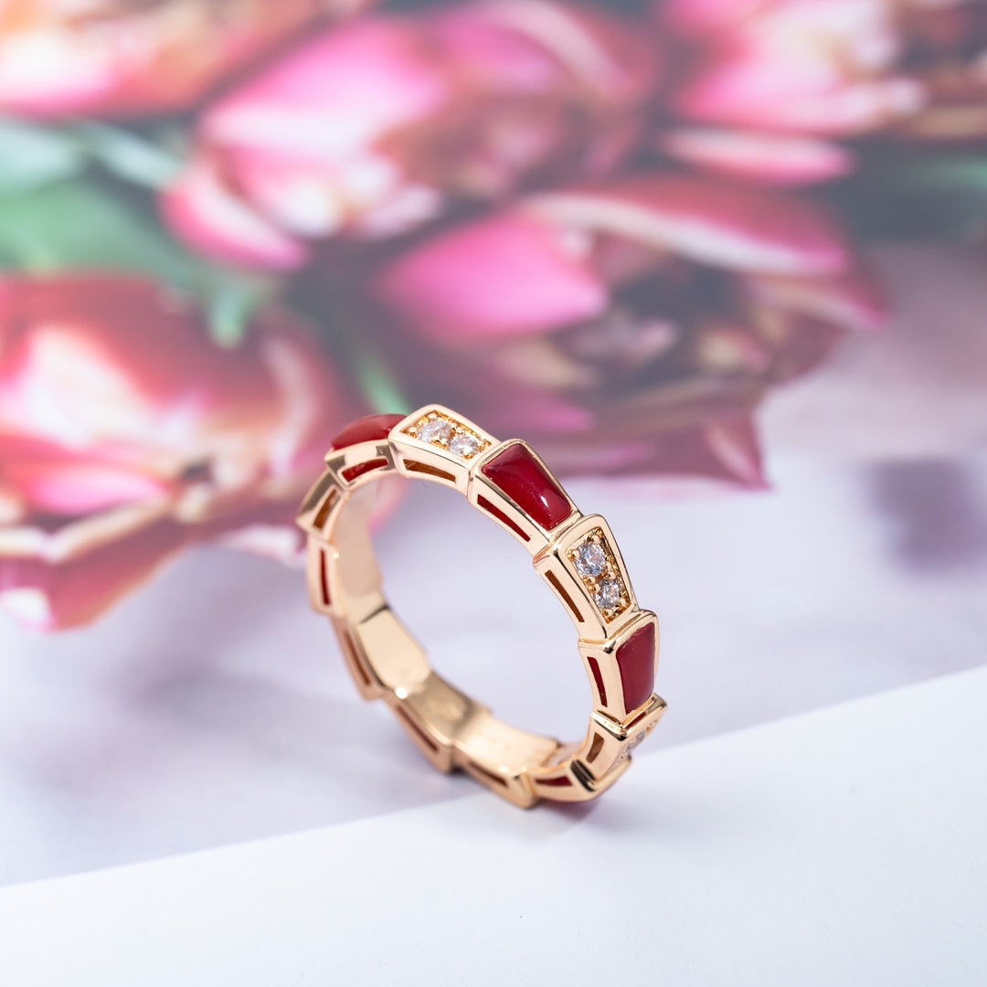 [⭐Hevara Jewelry]SERPENTI RING PINK GOLD CARNELIAN DIAMOND 3MM