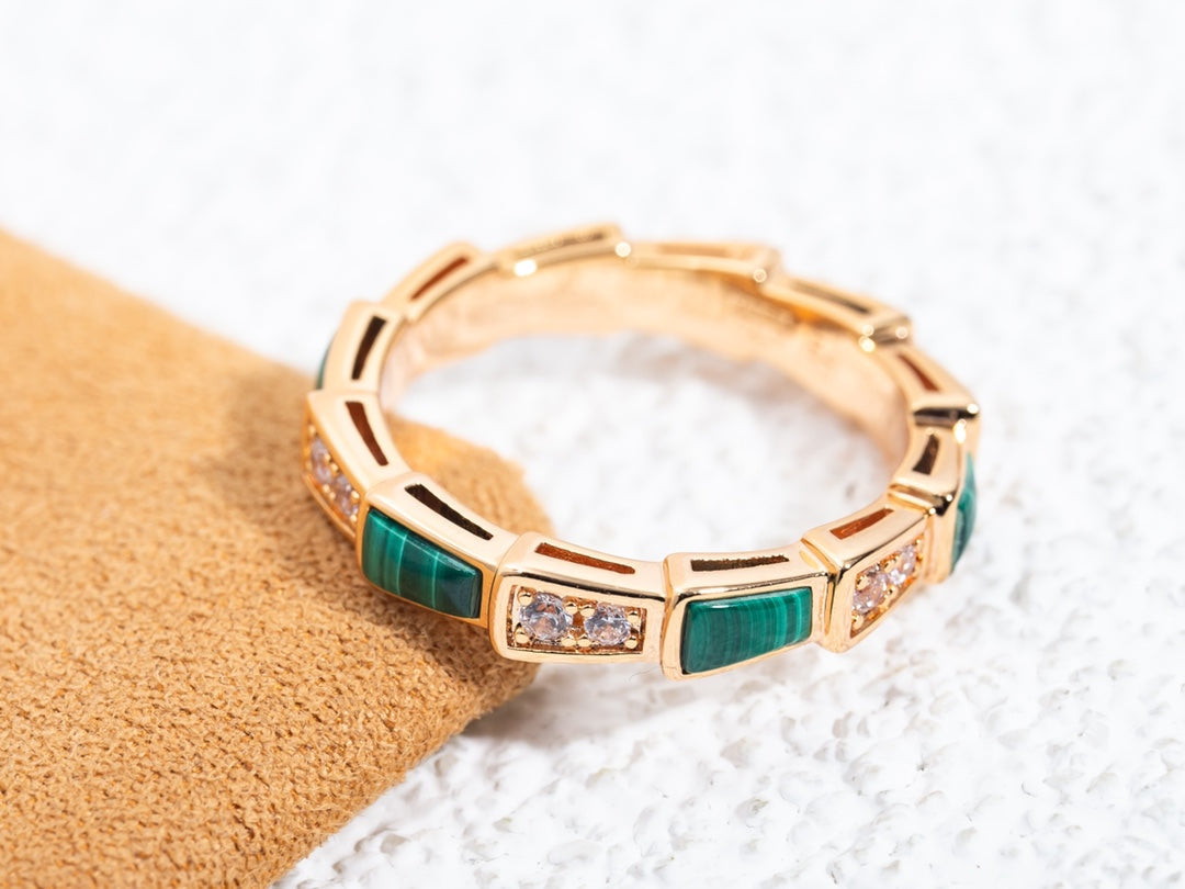 [⭐Hevara Jewelry]SERPENTI RING PINK GOLD MALACHITE DIAMOND 3MM