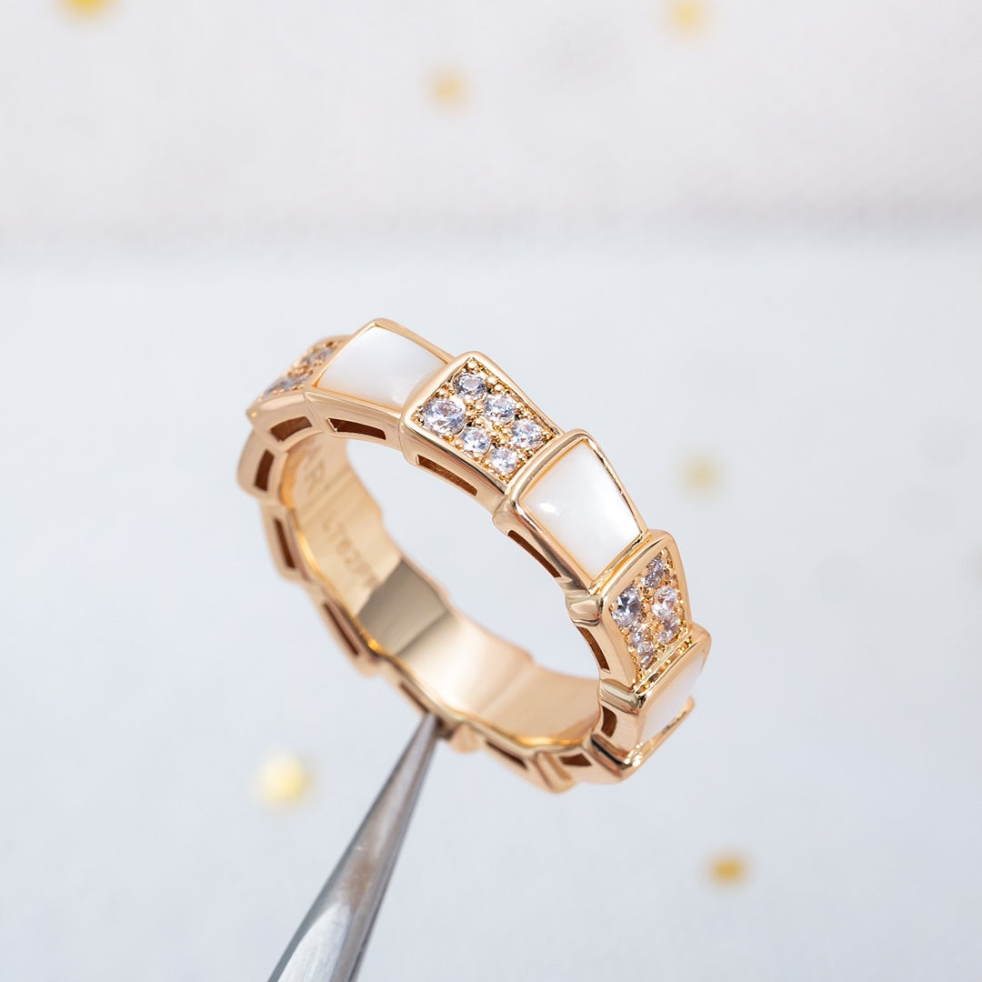 [⭐Hevara Jewelry]SERPENTI RING PINK GOLD MOP DIAMOND PAVED 4MM