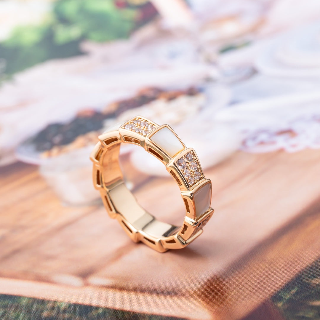 [⭐Hevara Jewelry]SERPENTI RING PINK GOLD MOP DIAMOND PAVED 4MM