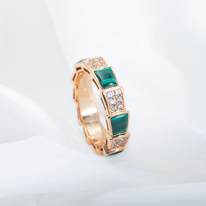 [⭐Hevara Jewelry]SERPENTI RING PINK GOLD MALACHITE DIAMOND PAVED 4MM