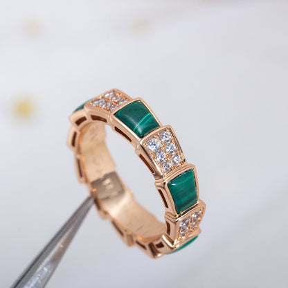 [⭐Hevara Jewelry]SERPENTI RING PINK GOLD MALACHITE DIAMOND PAVED 4MM