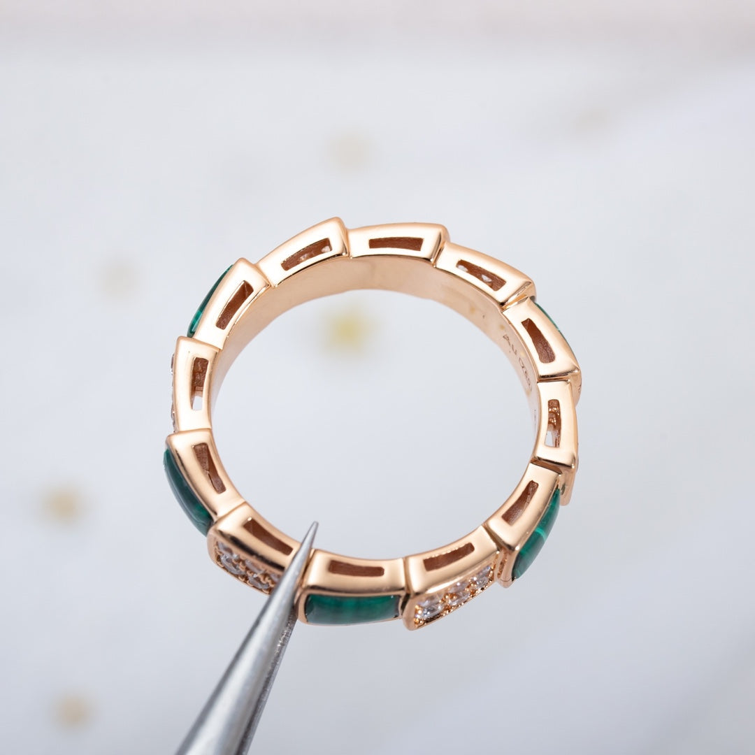 [⭐Hevara Jewelry]SERPENTI RING PINK GOLD MALACHITE DIAMOND PAVED 4MM