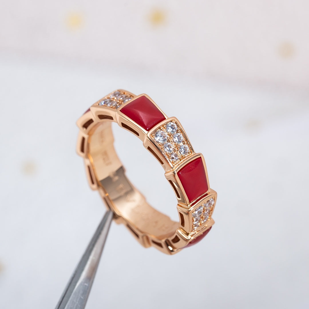[⭐Hevara Jewelry]SERPENTI RING PINK GOLD CARNELIAN DIAMOND PAVED 4MM