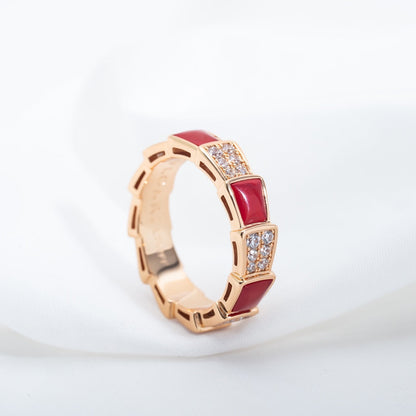 [⭐Hevara Jewelry]SERPENTI RING PINK GOLD CARNELIAN DIAMOND PAVED 4MM
