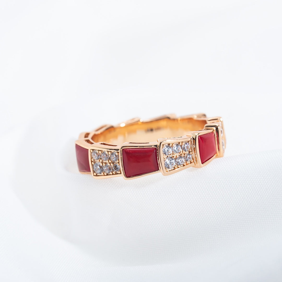 [⭐Hevara Jewelry]SERPENTI RING PINK GOLD CARNELIAN DIAMOND PAVED 4MM