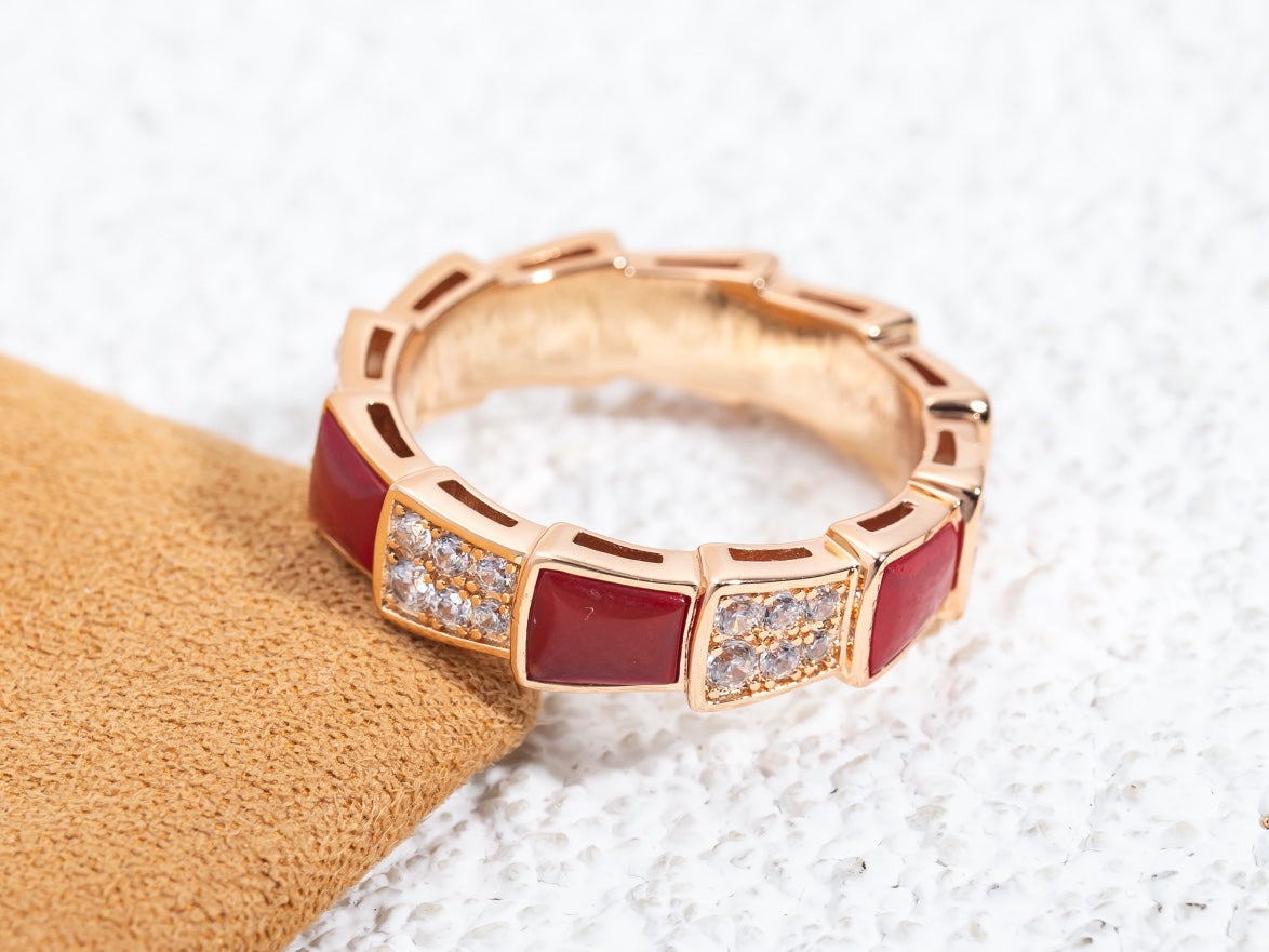 [⭐Hevara Jewelry]SERPENTI RING PINK GOLD CARNELIAN DIAMOND PAVED 4MM