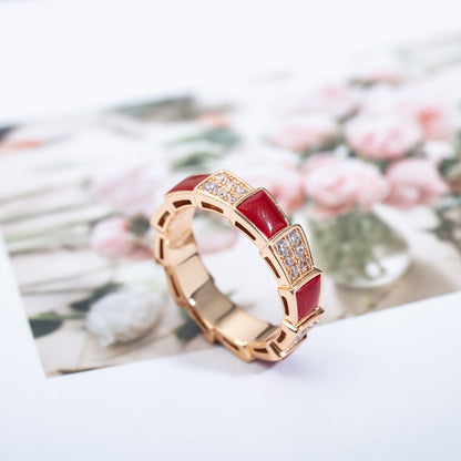 [⭐Hevara Jewelry]SERPENTI RING PINK GOLD CARNELIAN DIAMOND PAVED 4MM