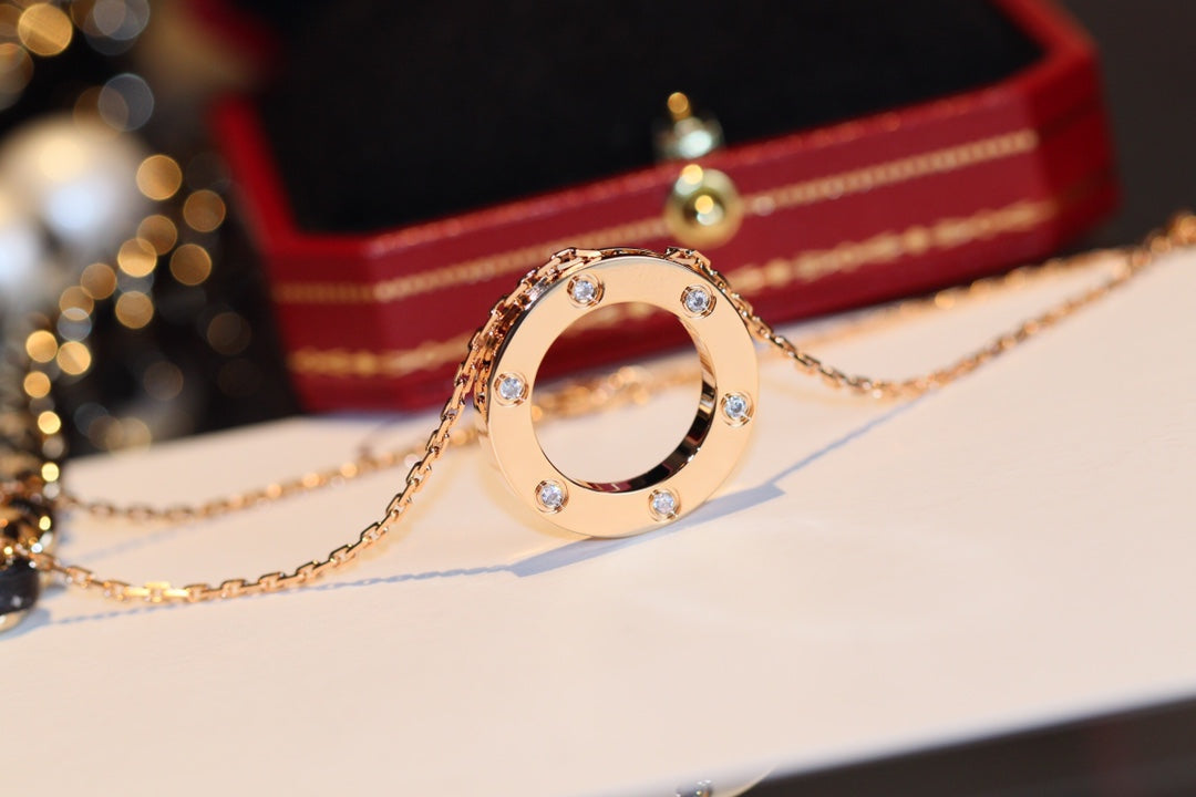[⭐Hevara Jewelry]LOVE NECKLACE 16MM 6 DIAMONDS PINK GOLD
