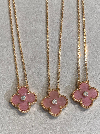 [⭐Hevara Jewelry]CLOVER 15MM DIAMOND RHODONITE NECKLACE