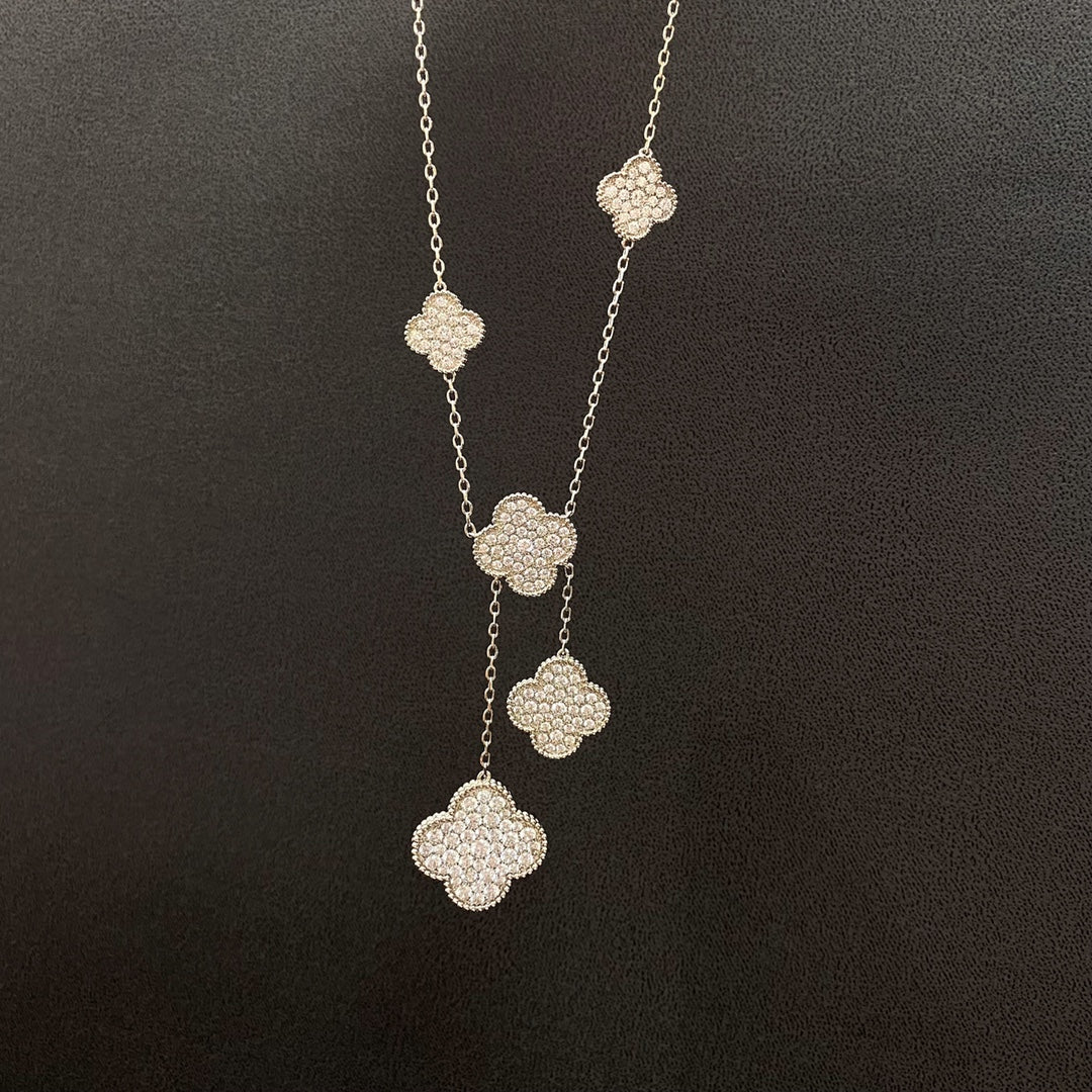 [⭐Hevara Jewelry]CLOVER 5 MOTIFS SILVER DIAMONDS NECKLACE