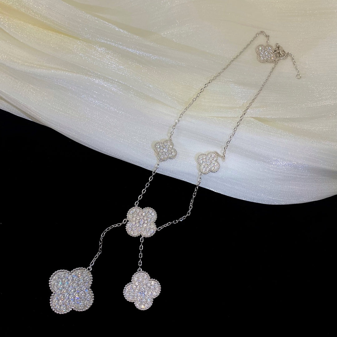 [⭐Hevara Jewelry]CLOVER 5 MOTIFS SILVER DIAMONDS NECKLACE