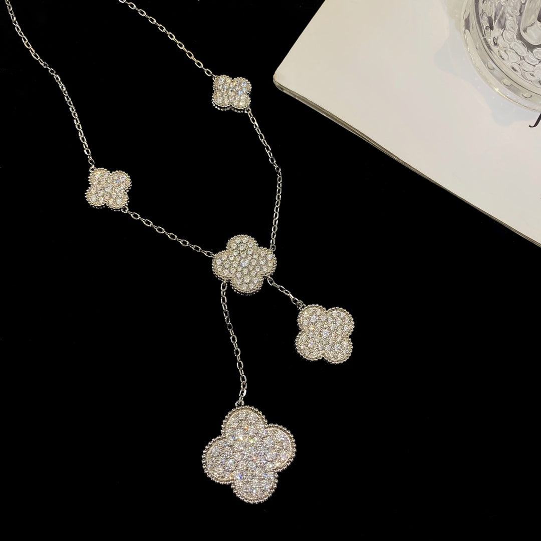 [⭐Hevara Jewelry]CLOVER 5 MOTIFS SILVER DIAMONDS NECKLACE