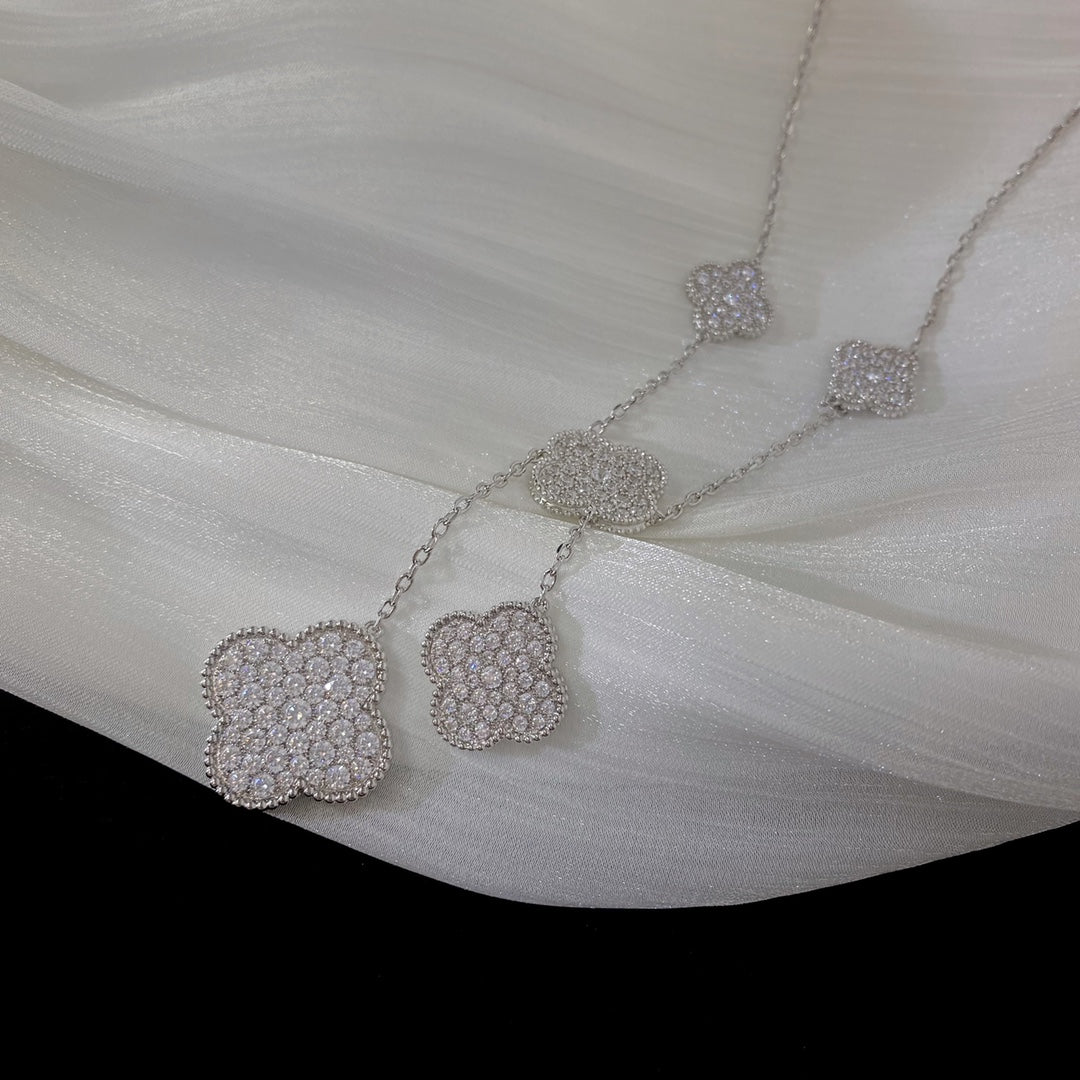 [⭐Hevara Jewelry]CLOVER 5 MOTIFS SILVER DIAMONDS NECKLACE