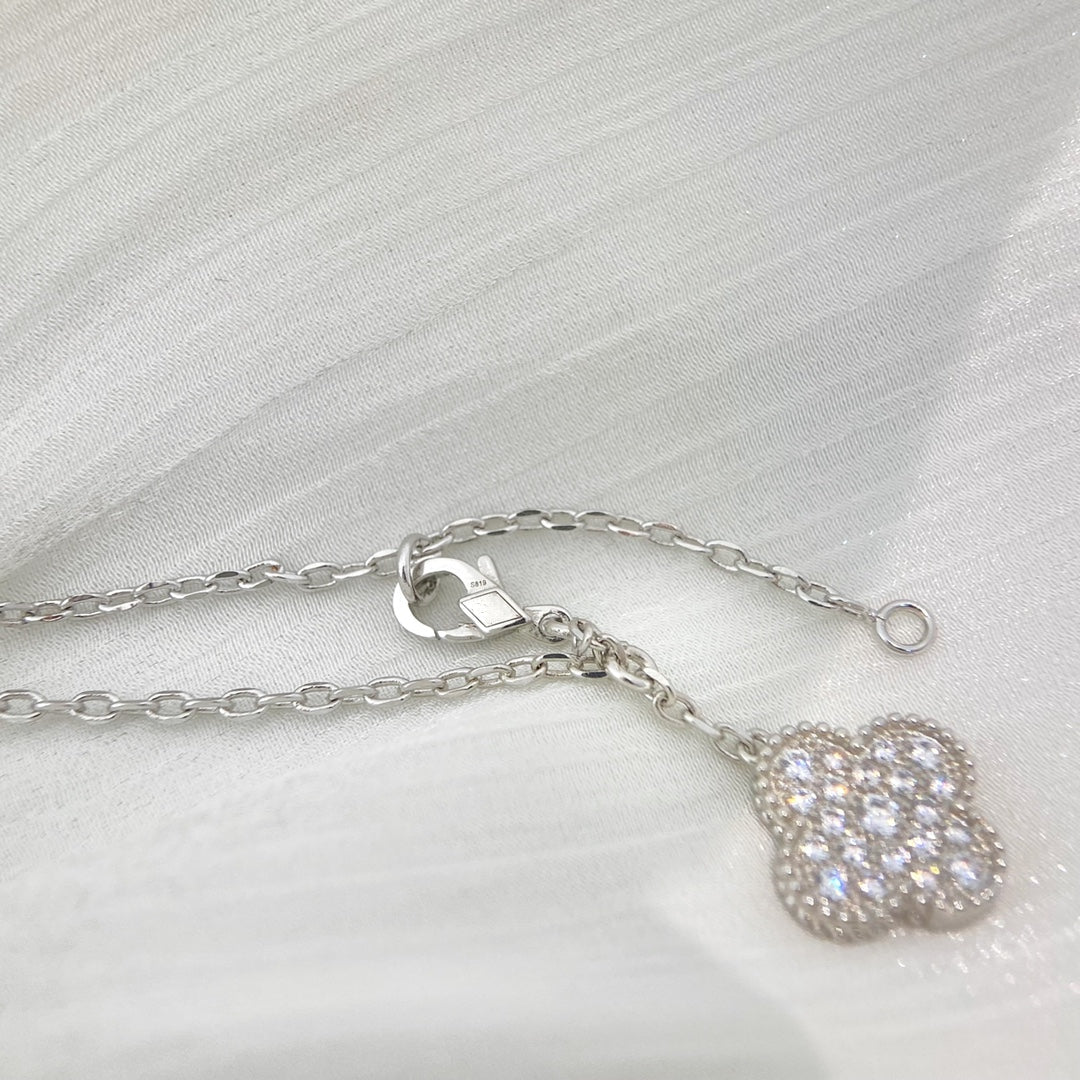 [⭐Hevara Jewelry]CLOVER 5 MOTIFS SILVER DIAMONDS NECKLACE