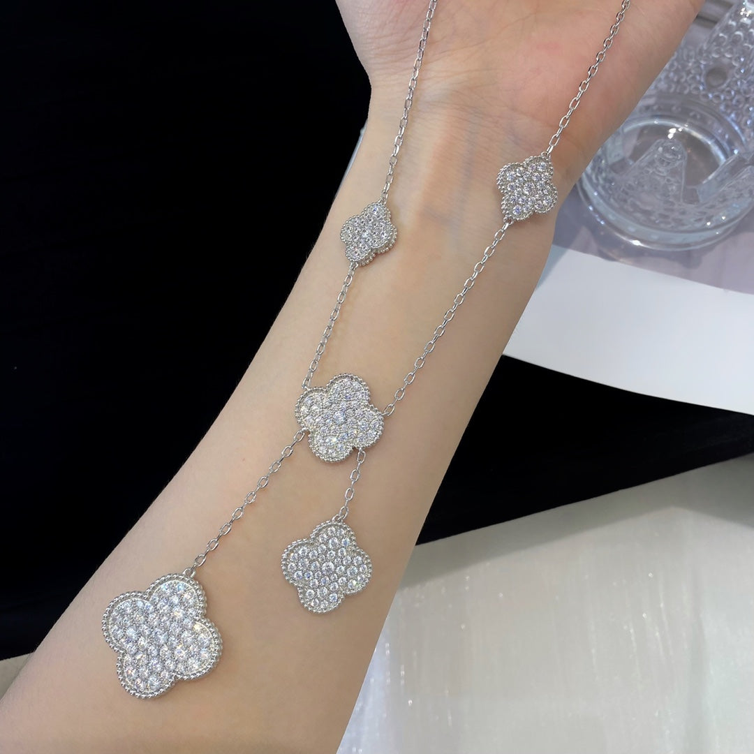 [⭐Hevara Jewelry]CLOVER 5 MOTIFS SILVER DIAMONDS NECKLACE