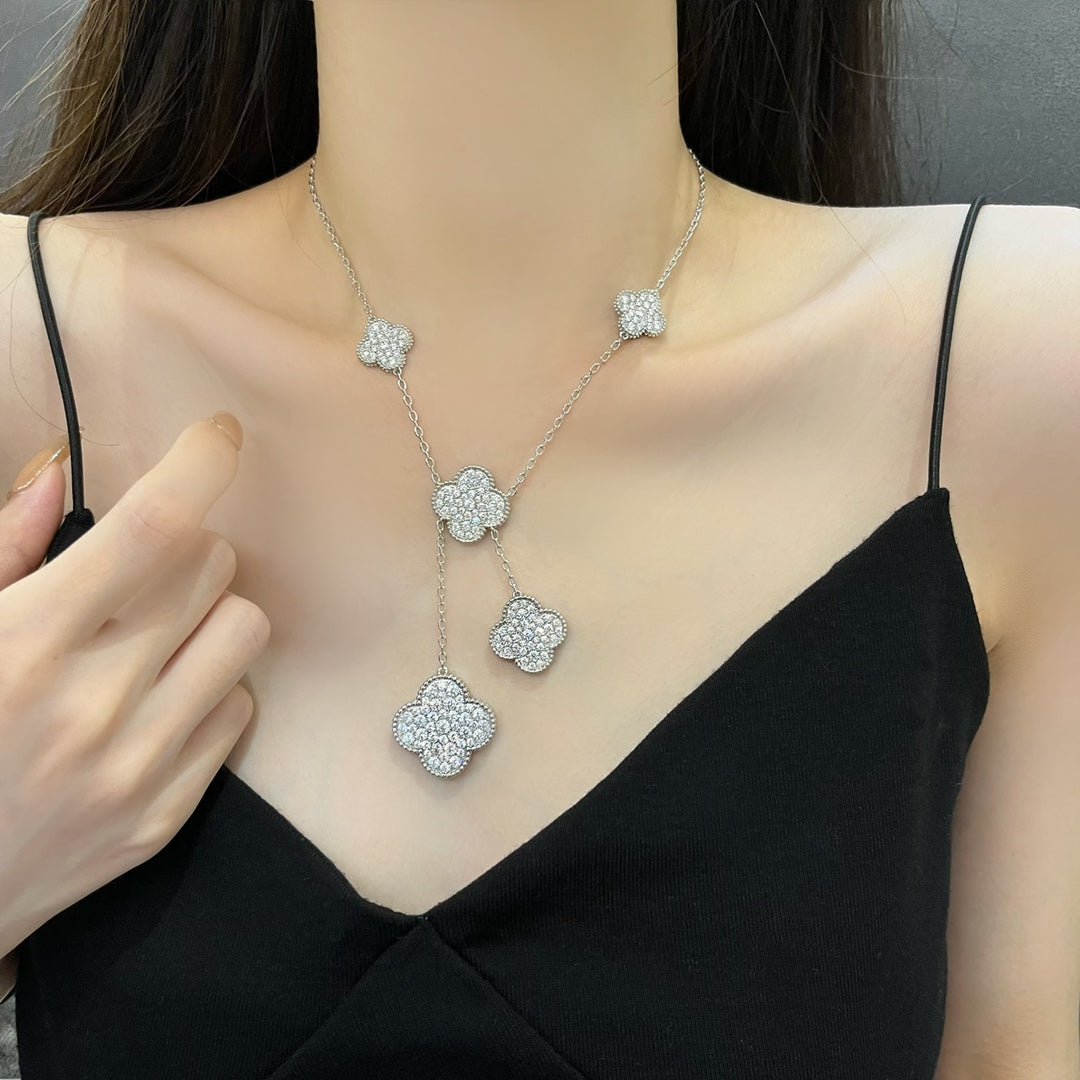 [⭐Hevara Jewelry]CLOVER 5 MOTIFS SILVER DIAMONDS NECKLACE