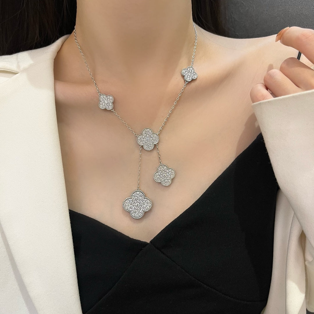 [⭐Hevara Jewelry]CLOVER 5 MOTIFS SILVER DIAMONDS NECKLACE