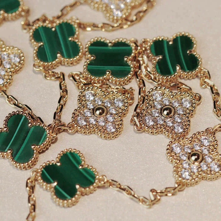 [⭐Hevara Jewelry]CLOVER 20 MOTIFS MALACHITE DIAMOND NECKLACE