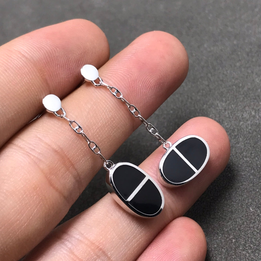 [⭐Hevara Jewelry]CHAINE VERSO BLACK CERAMIC SILVER EARRINGS