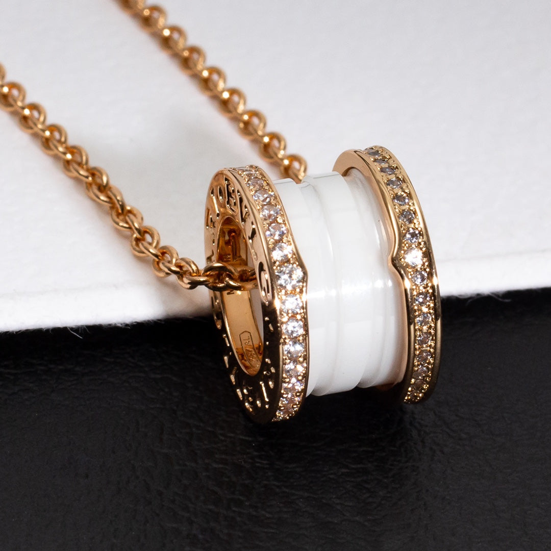 [⭐Hevara Jewelry]ZERO 1 WHITE CERAMIC PINK GOLD DIAMOND NECKLACE