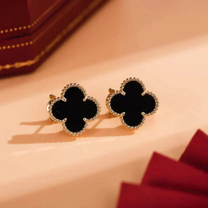 [⭐Hevara Jewelry]CLOVER MEDIUM 1 MOTIFS  ONYX STUD EARRINGS