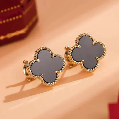 [⭐Hevara Jewelry]CLOVER MEDIUM 1 MOTIFS  ONYX STUD EARRINGS