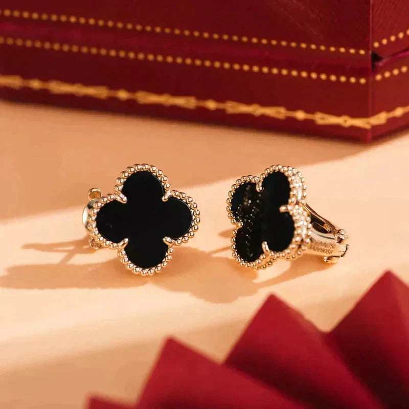 [⭐Hevara Jewelry]CLOVER MEDIUM 1 MOTIFS  ONYX STUD EARRINGS