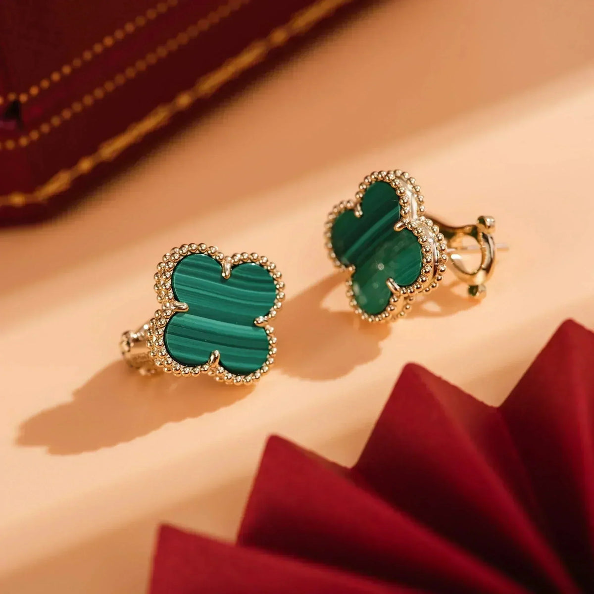 [⭐Hevara Jewelry]CLOVER MEDIUM 1 MOTIFS MALACHITE  EARRINGS