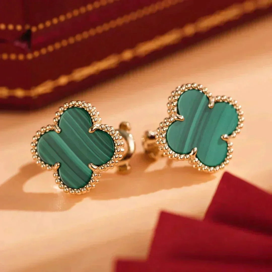 [⭐Hevara Jewelry]CLOVER MEDIUM 1 MOTIFS MALACHITE  EARRINGS
