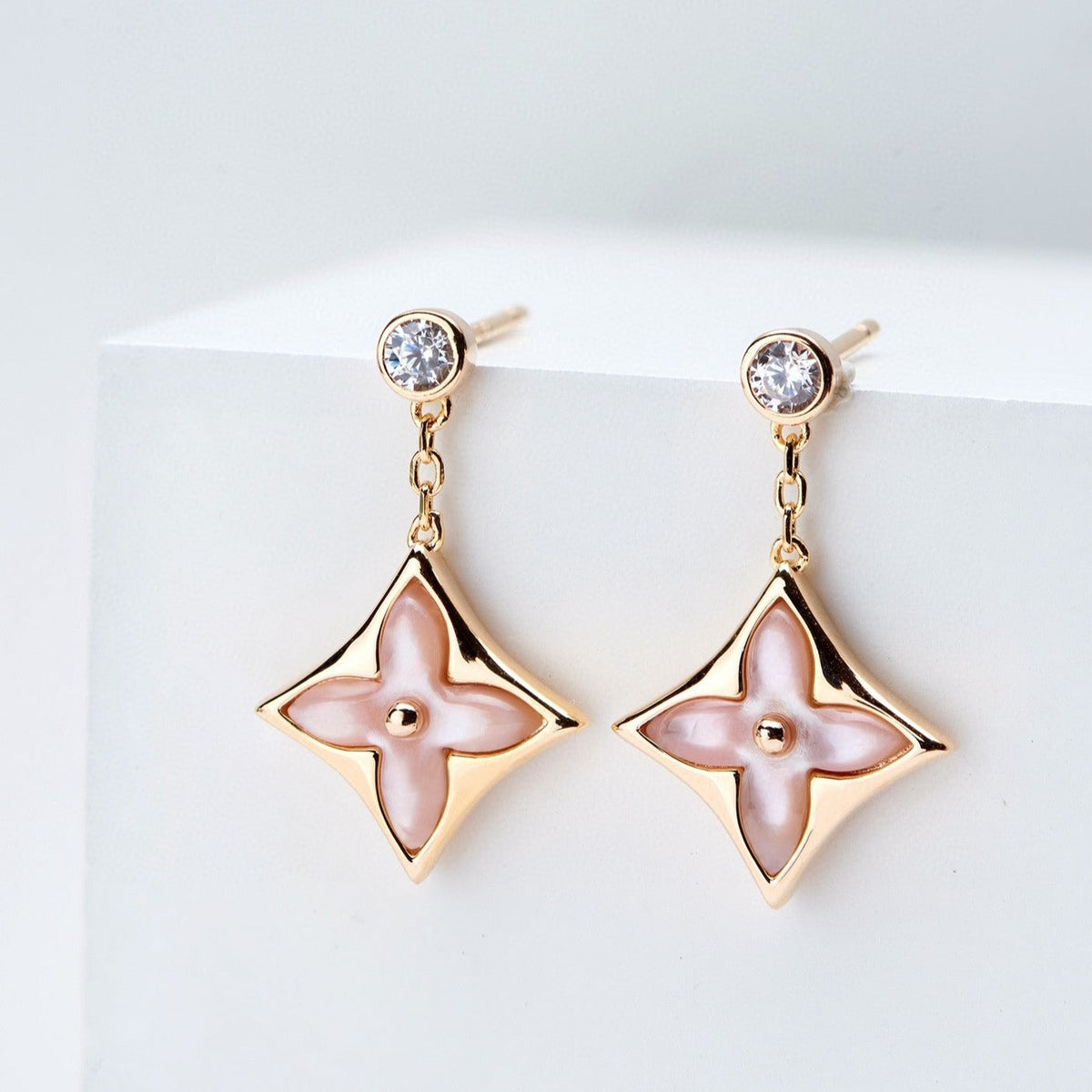 [⭐Hevara Jewelry]DOUBLE STAR PINK GOLD MOP DROP EARRINGS