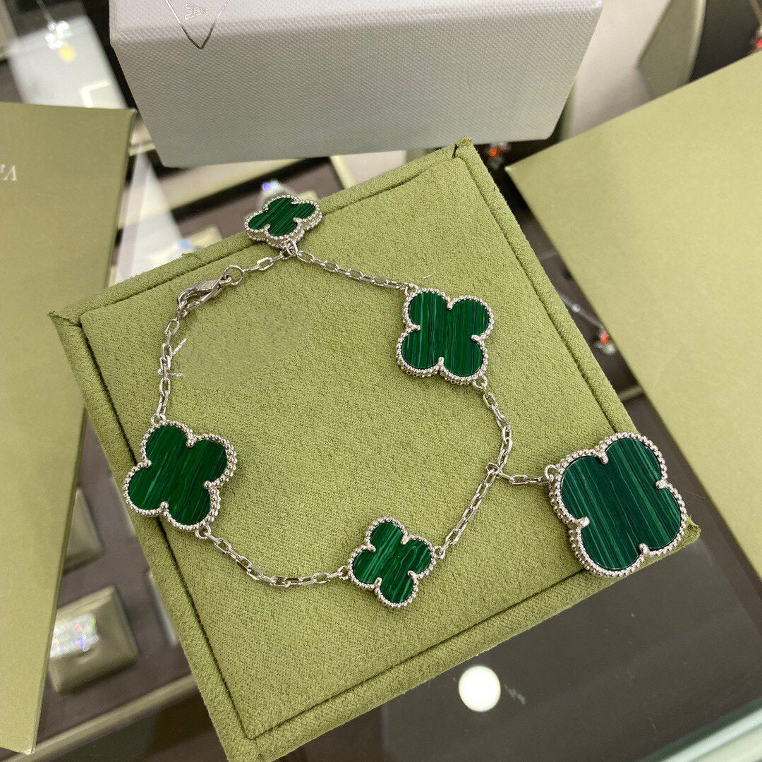 [⭐Hevara Jewelry]CLOVER 5 MOTIFS SIVLER MALACHITE BRACELET