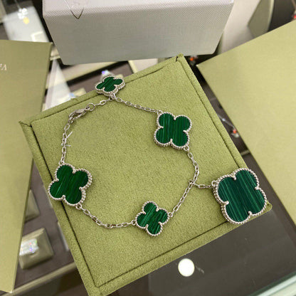 [⭐Hevara Jewelry]CLOVER 5 MOTIFS SIVLER MALACHITE BRACELET