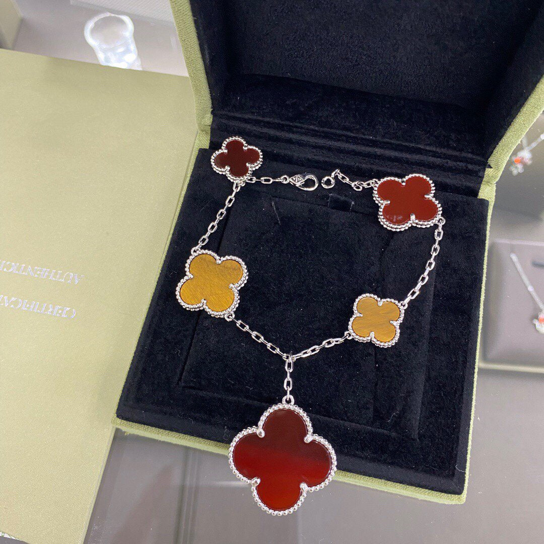[⭐Hevara Jewelry]CLOVER 5 MOTIFS SIVLER CARNELIAN TIGER EYE BRACELET