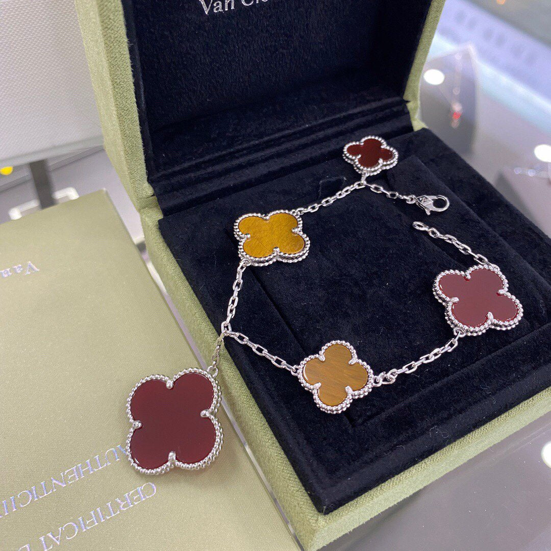 [⭐Hevara Jewelry]CLOVER 5 MOTIFS SIVLER CARNELIAN TIGER EYE BRACELET