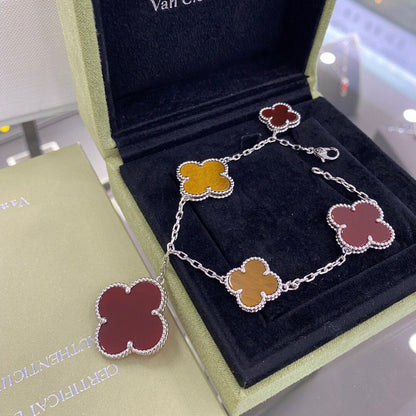 [⭐Hevara Jewelry]CLOVER 5 MOTIFS SIVLER CARNELIAN TIGER EYE BRACELET