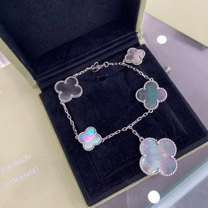 [⭐Hevara Jewelry]CLOVER 5 MOTIFS SIVLER DARK MOP BRACELET