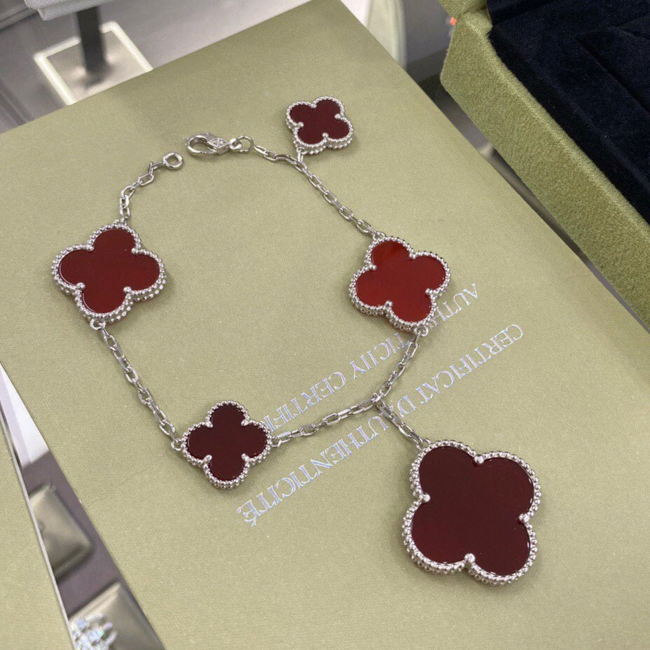 [⭐Hevara Jewelry]CLOVER 5 MOTIFS SIVLER CARNELIAN BRACELET